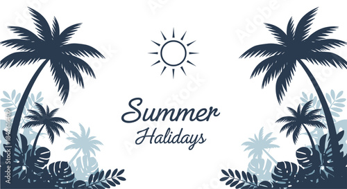 Elegant 'Summer Holidays' greeting card design with dark blue silhouettes of tropical palm trees and a simple sun icon on white background.