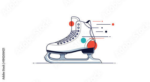 Modern line art illustration of a white ice skate with dynamic motion lines and colorful abstract dots, representing speed and winter sports.