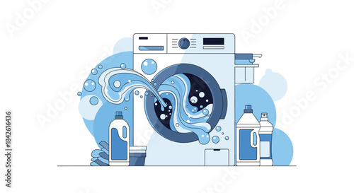 Modern flat line illustration of a washing machine in action with splashing water, bubbles, and laundry detergent bottles nearby.