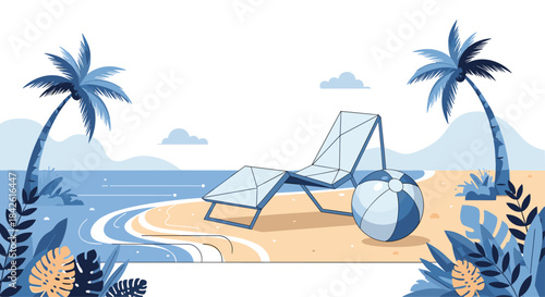 Idyllic tropical beach landscape with a modern geometric lounge chair and beach ball, framed by palm trees and lush foliage.