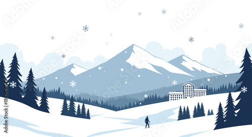 Calm and snowy winter landscape featuring mountains, a pine forest, a lone skier, and a resort building under a cloudy sky.