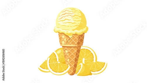 Lemon ice cream cone with slices of lemon on, a tasty summer treat