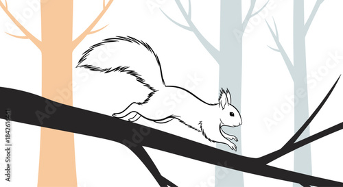 Minimalist line art drawing of a squirrel running along a tree branch, set against a simple, abstract forest background.