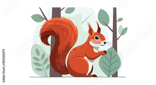Charming illustration of a cute red squirrel with a fluffy tail, standing in a stylized forest with trees and leaves in the background.