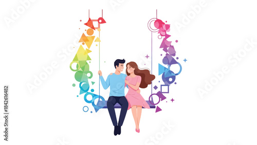 Love's Swing: A tender depiction of a couple, swinging amidst a vibrant cascade of colorful shapes, symbolizing the joy and journey of togetherness. 