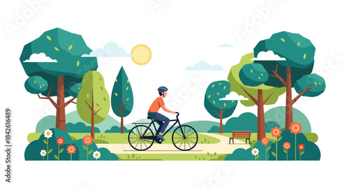 Man riding a bicycle on a path through a beautiful city park with lush green trees, flowers, and a bench on a sunny day.
