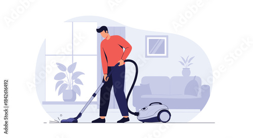 Young man doing household chores by cleaning the carpet with a modern vacuum cleaner in a bright and tidy living room illustration.