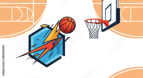 Dynamic basketball graphic with a ball exploding from an abstract shape towards a hoop, set against a stylized court background.