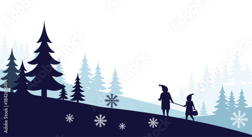 Winter Christmas scene with silhouettes of two people walking in a snowy landscape of hills and pine trees under falling snowflakes.