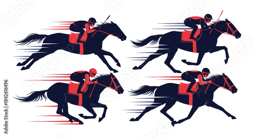 Set of dynamic silhouettes of jockeys racing horses at high speed, with motion lines conveying the energy of the equestrian sport.