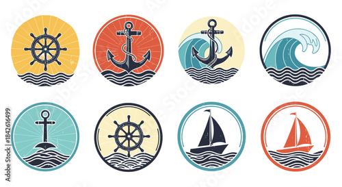Set of eight round, retro-style nautical emblems featuring ships, anchors, and helms with a distressed texture for a vintage feel.