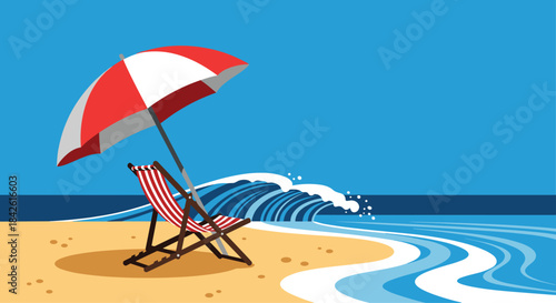 Scenic beach illustration with a classic striped deck chair and a red umbrella on the sand, facing a large, beautiful ocean wave.