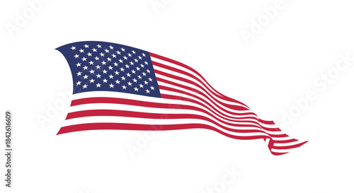 Gracefully waving flag of the United States of America with its stars and stripes, isolated on a white background for patriotic designs.