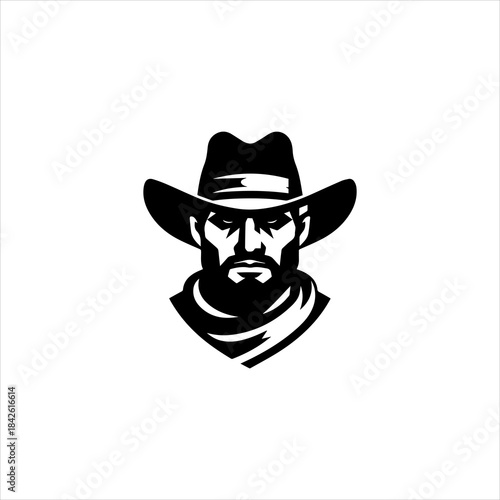 Cowboy head silhouette formed into a clean black vector emblem design. Western character concept