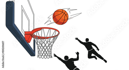 Action shot illustration of a basketball about to go through the hoop while two player silhouettes jump below in a competitive game.