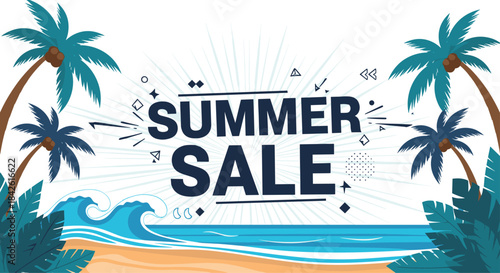 Energetic summer sale banner with bold typography, framed by tropical palm trees and ocean waves on a sandy beach background.