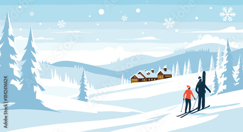 Peaceful winter landscape with two people skiing towards a cozy cabin in a snowy mountain valley with pine trees and falling snow.