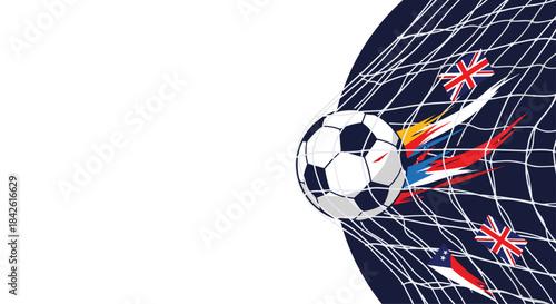 A soccer ball with trailing country flags crashes into the goal net, symbolizing an international football competition or tournament.