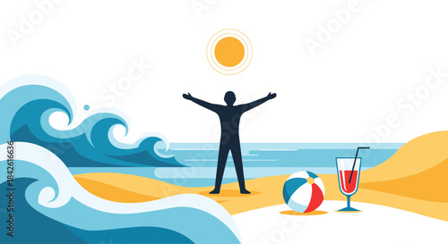 Silhouette of a joyful person with arms outstretched on a sunny beach with abstract waves, a beach ball, and a refreshing cocktail.