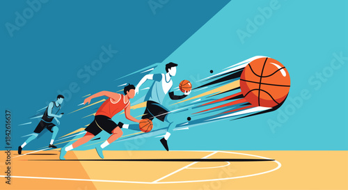 Dynamic and stylistic illustration of basketball players in action, dribbling the ball at high speed down the court during a game.