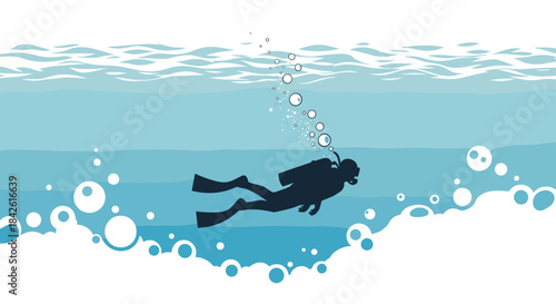 Silhouette of a scuba diver exploring the underwater world, surrounded by rising air bubbles against a layered blue water background.