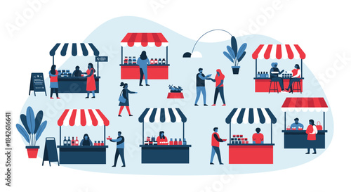 Flat illustration of a bustling outdoor street market or fair with diverse people shopping and selling goods at various stalls.