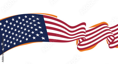 A long, flowing ribbon designed as a stylized American flag, waving gracefully across a white background for patriotic events.