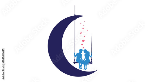 Moonlit Romance: A silhouette of a couple swings gracefully on a swing, embraced by a crescent moon. Delicate hearts cascade above, symbolizing love and togetherness under the moonlit sky.
