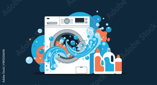 Modern washing machine in action, with splashes of water, soap bubbles, and detergent bottles, illustrating laundry service concepts.