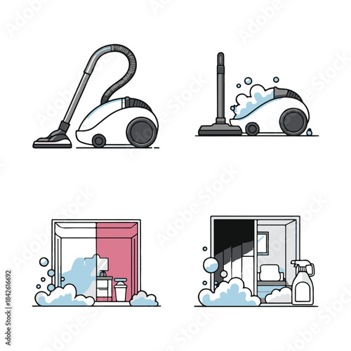 Blue and white vacuum cleaner with bubbles on green and blue background cleaning household.