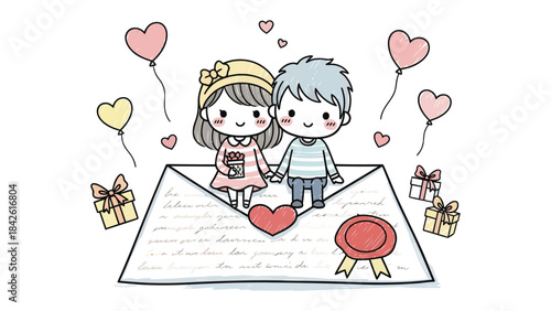 Romantic letter: An illustration that depicts a romantic couple standing inside a letter. There are heart-shaped balloons, gift boxes, and a seal, all enhancing the romantic theme.