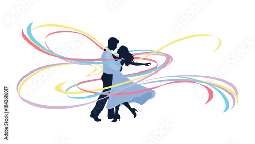 Eternal Dance: Silhouette of a dancing couple enveloped by vibrant, flowing ribbons, symbolizing movement, energy, and the passion of the dance. 