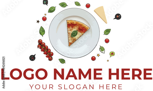 Italian food logo vector with pizza slice on plate, basil garnish, tomatoes, cheese, and peppercorns