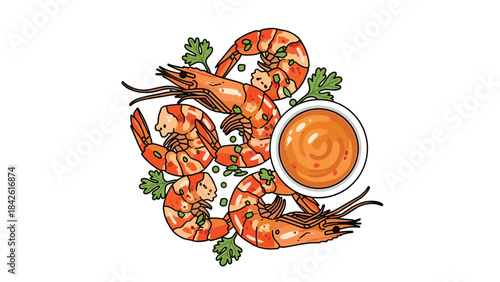 A vibrant illustration of succulent shrimp with a side of tangy dipping sauce garnished with parsley