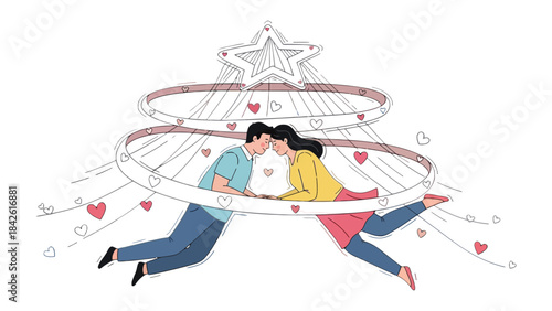 Embracing Eternity: An illustrated scene of a loving couple suspended mid-air inside a ring, radiating intimacy and everlasting love.