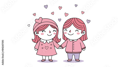 Hand in Hand Harmony: Two figures, their hands clasped, surrounded by floating hearts, embodies the warmth and affection shared between individuals.