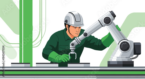 Factory worker overseeing automated robotic arm assembling components on a conveyor belt