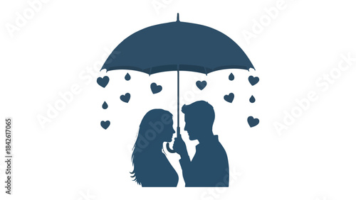 Eternal Shelter of Hearts: A romantic silhouette of a couple shielded under an umbrella raining hearts, symbolizing love and togetherness.
