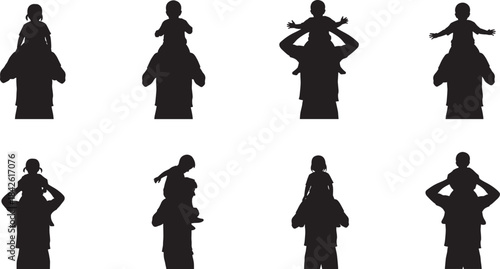 Parent and child silhouette set, shoulder carry pose, family bonding, playful interaction, black vector art, caregiving moment, joyful connection, childhood support