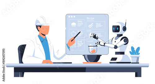 Future kitchen collaboration, chef instructing a cooking robot, culinary innovation concept