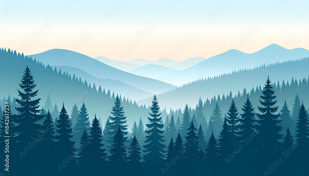 Fototapeta premium Minimalist Misty Forest at Dawn Vector Landscape