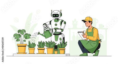 Futuristic agriculture a robot watering plants while a gardener documents the growth process