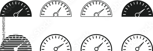 Speedometer gauge icons, dashboard meter illustrations, performance indicator graphics, measurement dial symbols, black and white vector set for UI design