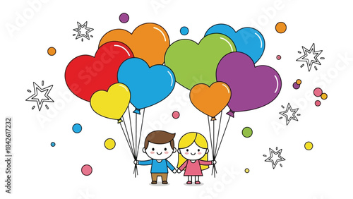 Love's Colorful Ascent: A vibrant display of heart-shaped balloons, symbolizing love and happiness, lifts a couple skyward in a whimsical, joyful scene.