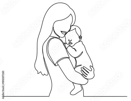 Woman holding baby in continuous line drawing style embrace love