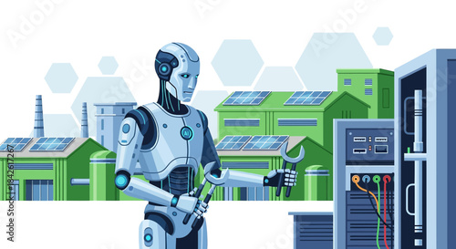 Futuristic automated maintenance: Robot technician at a sustainable energy plant integration