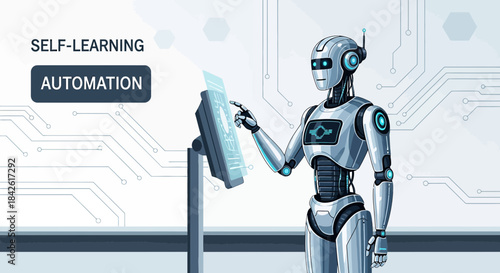 Futuristic automation: A robot interacts with a touch screen in a high-tech environment