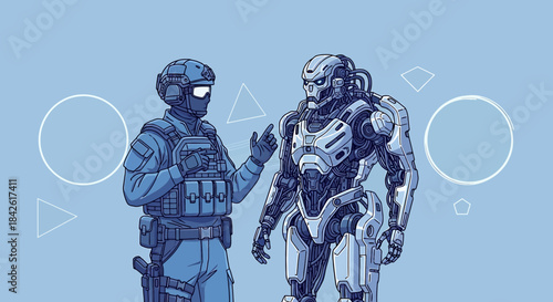 Futuristic collaboration between tactical officer and advanced cyborg for innovation and defense