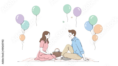 A Romantic Picnic Celebration: A loving couple shares a cherished moment during a picnic, embraced by colorful balloons, symbolizing a bond filled with joy and affection.