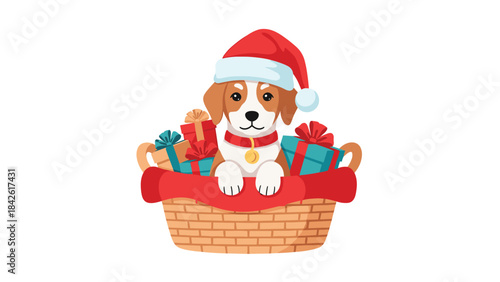 Cute dog wearing a santa hat sitting in a brick basket filled with christmas presents